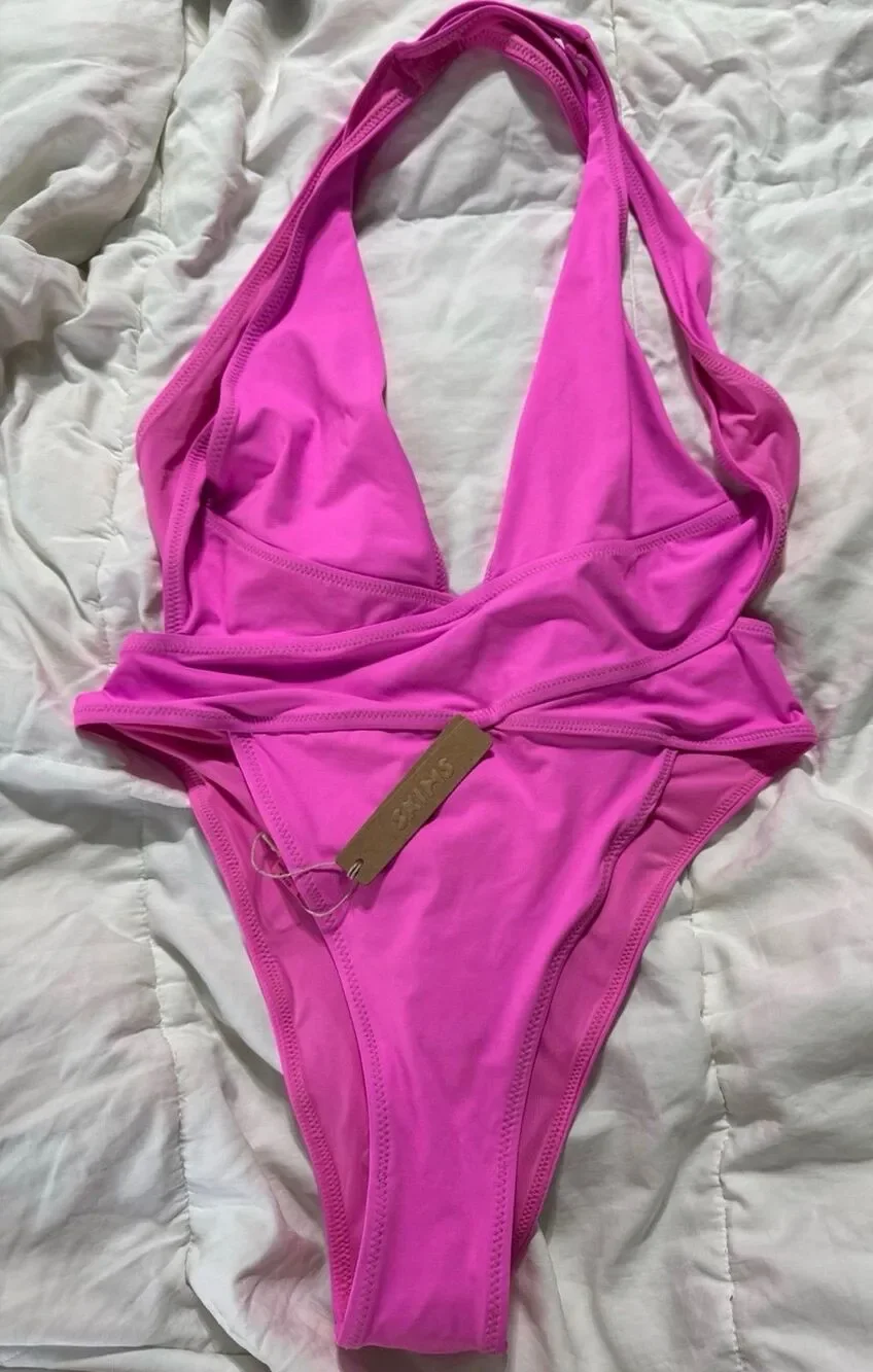 Recycled swim cut out plunge Monokini Neon Orchid